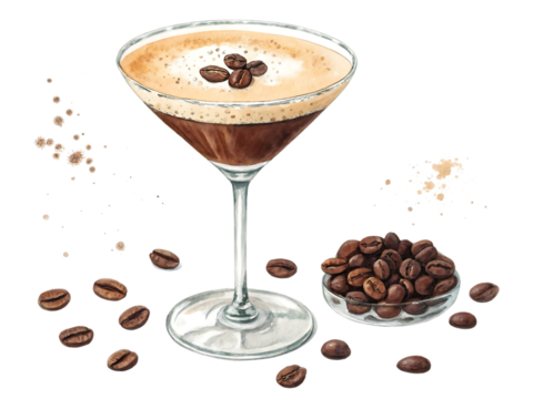 A delicious espresso martini with coffee beans isolated on transparent background