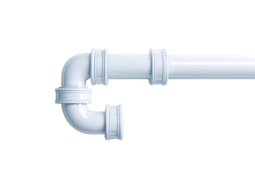 A close-up view of a white PVC pipe elbow.  The pipe is a standard 90-degree bend, showing  smooth transitions and  connections.  It's isolated against a dark background