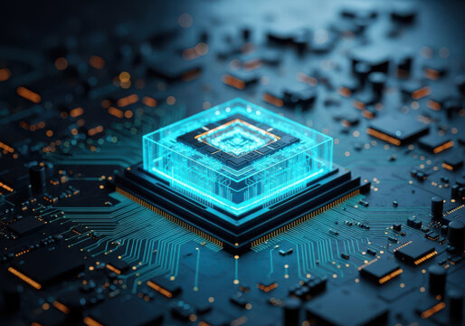 Glowing blue quantum processor on a futuristic circuit board with intricate details