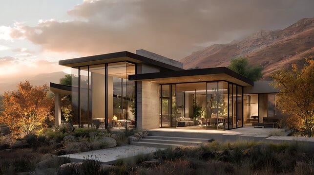 Modern house exterior glows against a mountain backdrop. Features clean lines, glass, and natural materials. Ideal for architecture and real estate marketing.
