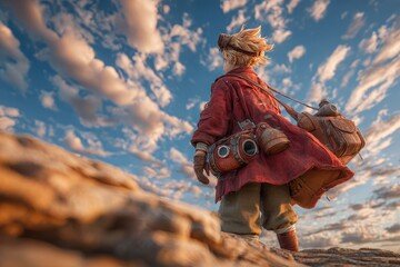 Young girl with a camera backpack exploring rocky beach during sunset, wearing a cozy blue outfit with a knitted hat, surrounded by an expansive ocean view