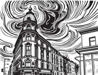 Street landscape, urban architecture, vintage, retro. Hand drawn vector illustration
