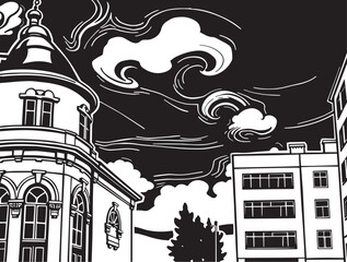 Street landscape, urban architecture, vintage, retro. Hand drawn vector illustration
