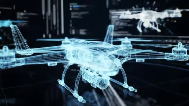 Drone Design Concept: Blue Wireframe Model on Display