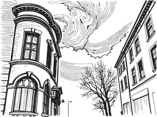 Street landscape, urban architecture, vintage, retro. Hand drawn vector illustration