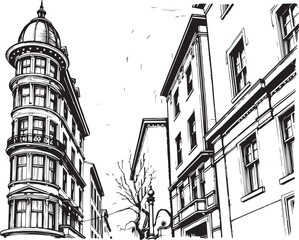Street landscape, urban architecture, vintage, retro. Hand drawn vector illustration