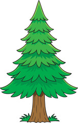 Fototapeta premium A vibrant cartoon illustration of a tall, green pine tree with a brown trunk, presented in isolation on a clean white background.