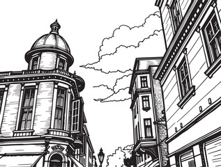 Street landscape, urban architecture, vintage, retro. Hand drawn vector illustration