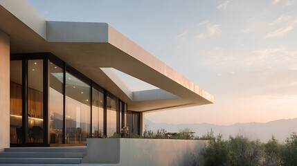 Fototapeta premium Modern house facade faces sunrise. Architecture, design, lifestyle, construction. Great for marketing, editorial use, web design.