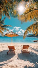 Tropical beach paradise with empty lounge chairs under palm trees