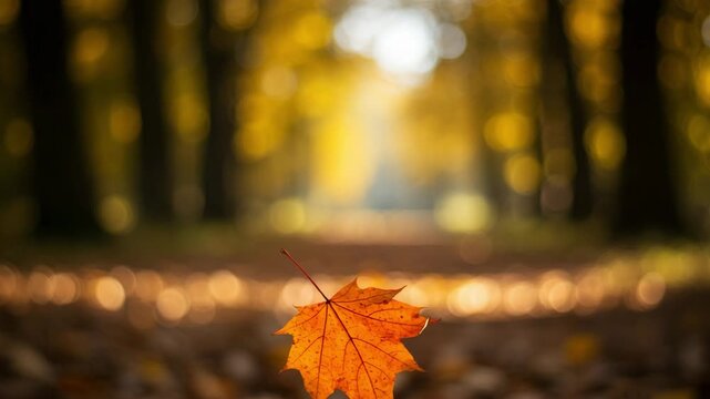 Orange maple leaf on forest floor in autumn sunlight  
