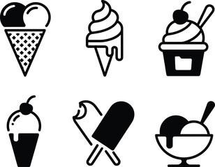 Collection of stylized ice cream icons in black and white Collection of six different black and white ice cream illustrations in a grid