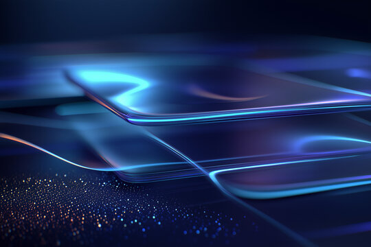Ultra-detailed dark abstract tech background with glowing fluid lines and digital particles in blue and violet tones, futuristic concept for IT, SaaS, AI, innovation, data and network design