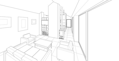 interior kitchen living room 3d illustration	
