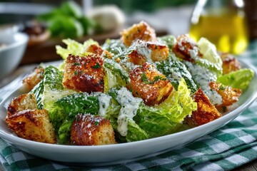 Romaine lettuce salad topped with croutons and dressing served on a white platter at a rustic dining setup