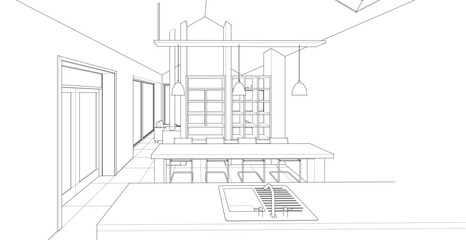 interior kitchen living room 3d illustration	
