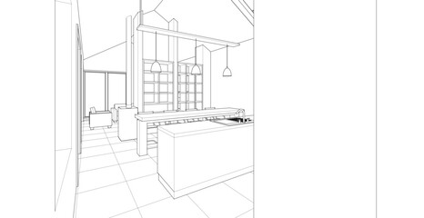 interior kitchen living room 3d illustration	
