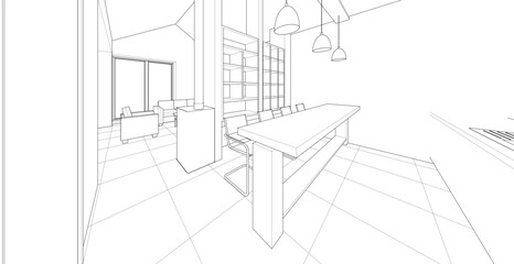interior kitchen living room 3d illustration	
