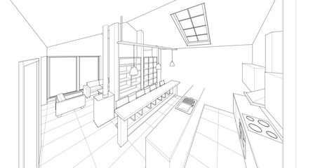 interior kitchen living room 3d illustration	
