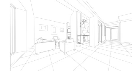 Fototapeta premium interior kitchen living room 3d illustration 
