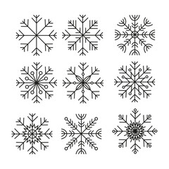 a set of graphic simple linear snowflakes in black on a white background