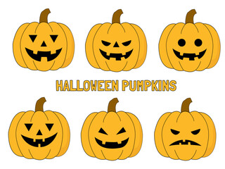 Festive set with pumpkins with scary faces for Halloween for stickers or scrapbooking isolated on a white background