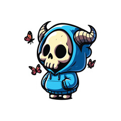 A cute cartoon skeleton with horns wearing a blue hoodie, surrounded by butterflies. A playful blend of spooky and sweet in a colorful, whimsical art style.