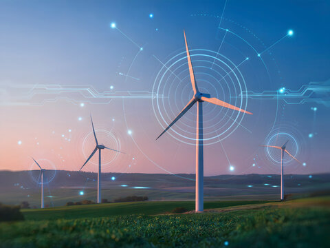 Clean energy future: Wind turbines producing sustainable power in a vibrant green field with a digital interface, connecting technology and nature