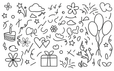 Hand-drawn celebration doodles with hearts, stars, cake, balloons.