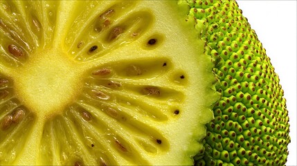Breadfruit closeup Artocarpus altilis sliced breadfruit texture macro starchy tropical fruit detail isolated white background