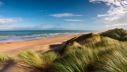 sandy dunes covered in grass meet a golden beach under a serene sky