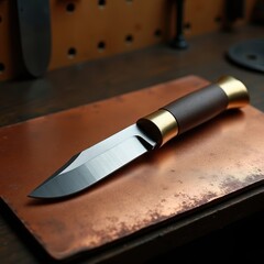Tactical Knife on Textured Copper - High-Resolution Product Photography
