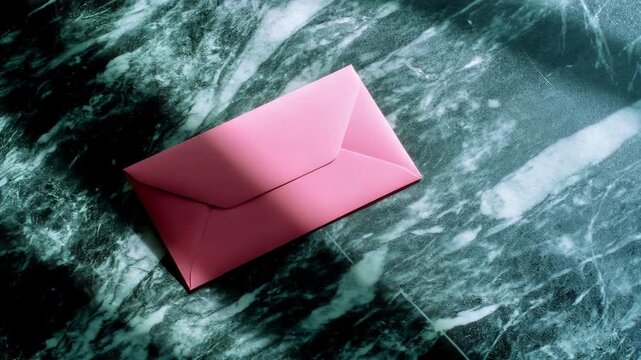 Pink envelope on a marble counter. Handmade, simple stationery with an element of decorative charm.
