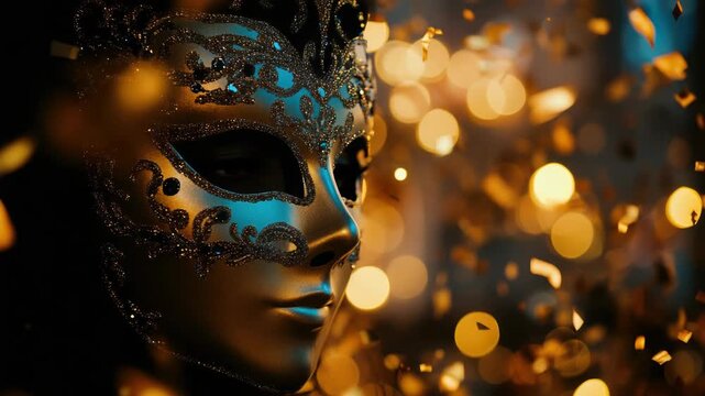 Vibrant masquerade ball with a golden mask in silhouette. Festive atmosphere with glittering confetti falling.
