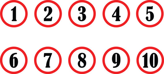 Red outlined circles with black numbers from one to ten on a white background