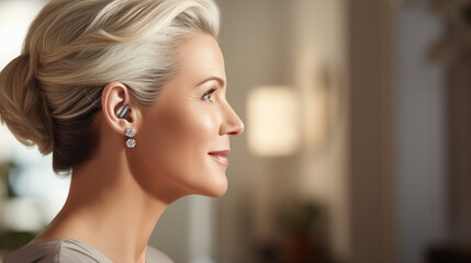 Woman adjusting hearing aid while smiling indoors with soft lighting  