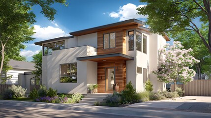 Modern home stands surrounded by trees. Use for real estate marketing, design, web design.