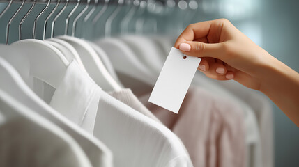 Hand holding blank price tag in retail clothing store display  