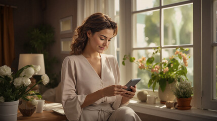 Young woman using smartphone while sitting by the window indoors  