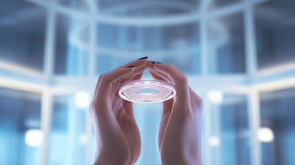 Woman holding contraceptive ring with illuminated background  