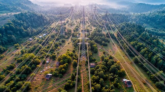 Aerial view showcasing vast network of electricity transmission lines across green landscape, harmonizing with trees and natures beauty