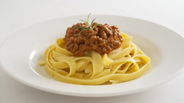 A nest of fresh pappardelle pasta topped with a thick, rich wild boar ragu and a sprig of rosemary. Served on a white ceramic plate with a white background, emphasizing the handmade texture