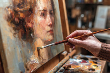 Fototapeta premium An artists hand holding a brush applies paint to a portrait on a canvas easel