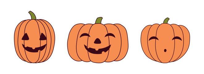 Halloween pumpkin, jack o lantern with carved face, isolated on transparent. Hand drawn line vector illustration. Funny cartoon character. Holiday design elements collection, clip art set, banner