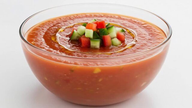 A chilled glass bowl of vibrant red gazpacho made from tomatoes, cucumber, and bell peppers. Topped with diced vegetable garnish and a drizzle of olive oil. Served on a white surface