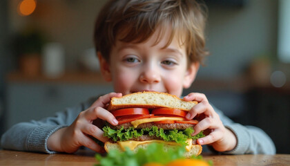 Young boy smiling while holding a large vegetarian sandwich at home  