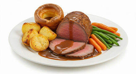 A white ceramic plate with roasted beef, Yorkshire pudding, roasted potatoes, carrots, and green beans in rich gravy. The meat is sliced, showing a pink interior. Clean white background.