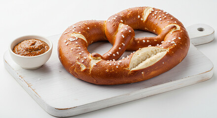 A large, freshly baked Bavarian pretzel with a deep golden-brown crust and coarse salt on top, served on a white wooden board. A small ceramic bowl of spicy brown mustard is placed beside it.
