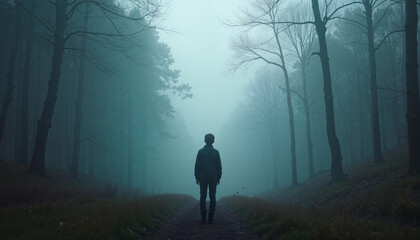 Young person standing in foggy forest surrounded by trees  