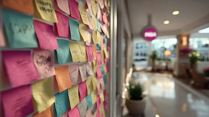 Colorful sticky notes cover a wall in a modern office lobby during daylight